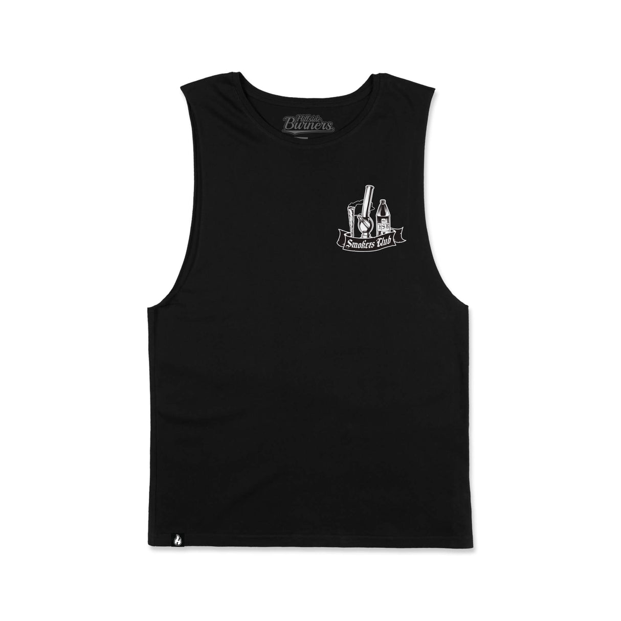Black sleeveless tank top with small chest logo graphic print