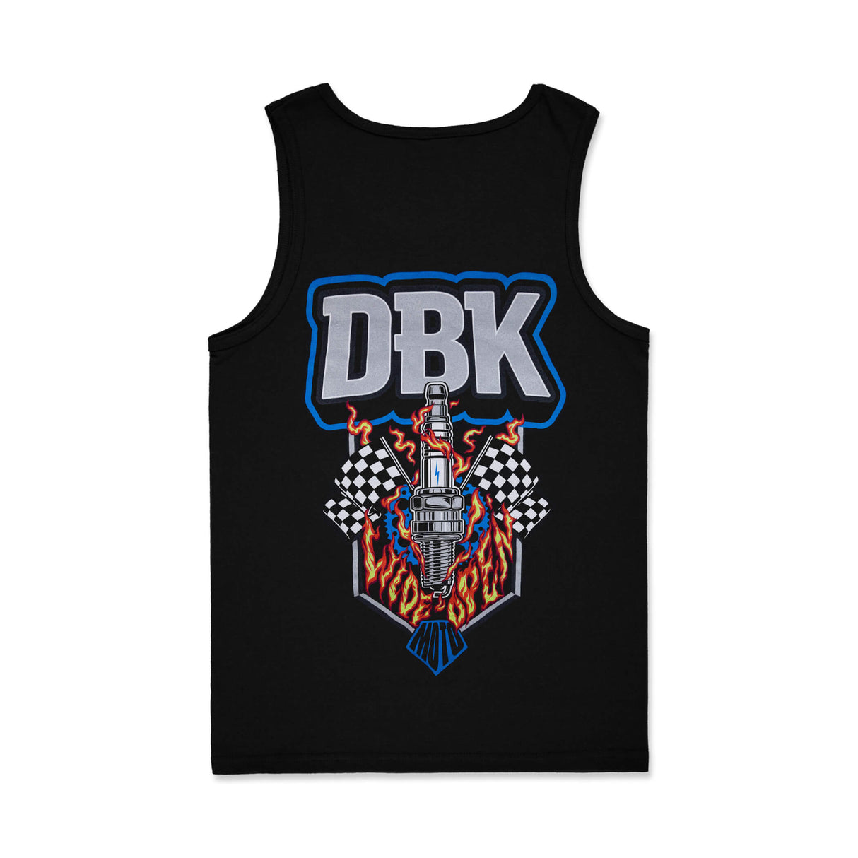 Black tank top with large DBK racing graphic, checkered flags and flames