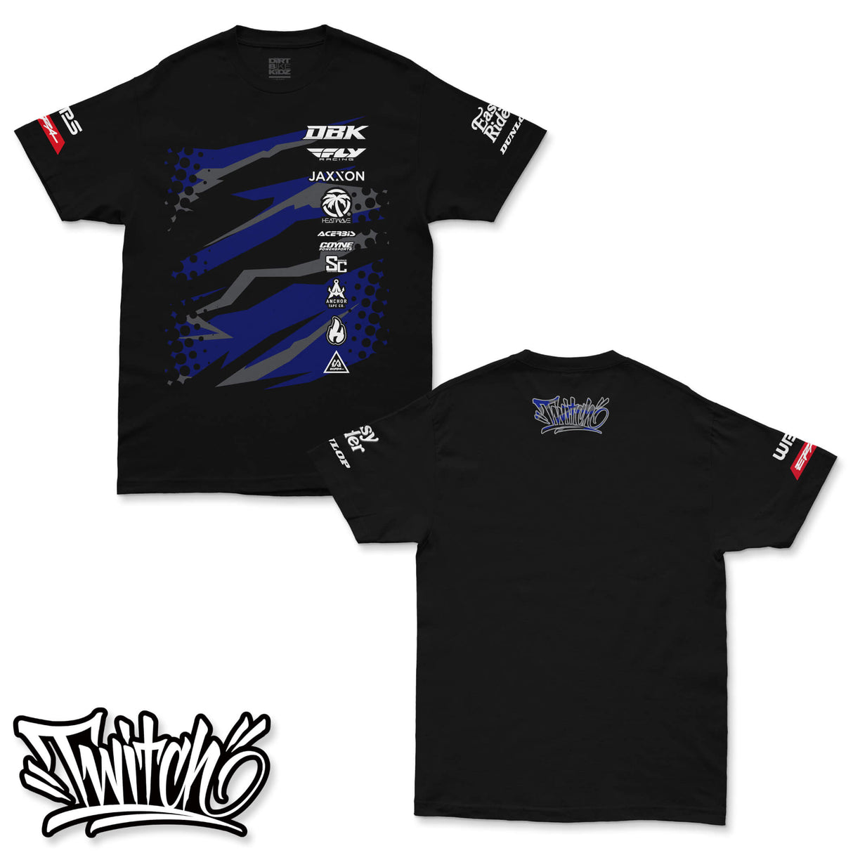 Black T-shirt set: front with blue graphic, back with blue Twitch-style logo.