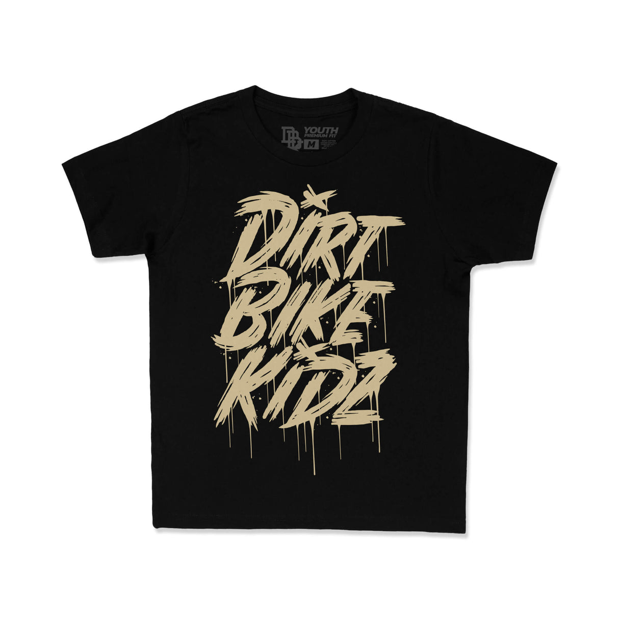 Black youth tee with beige DRRT BIKE RIDE graphic print on front.