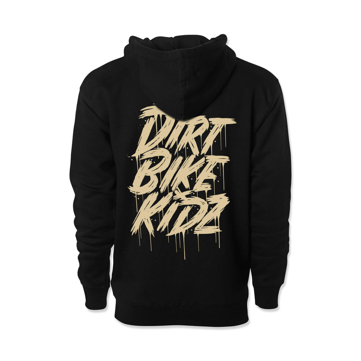 Black hoodie with large gold graphic on back and hood up with drawstrings