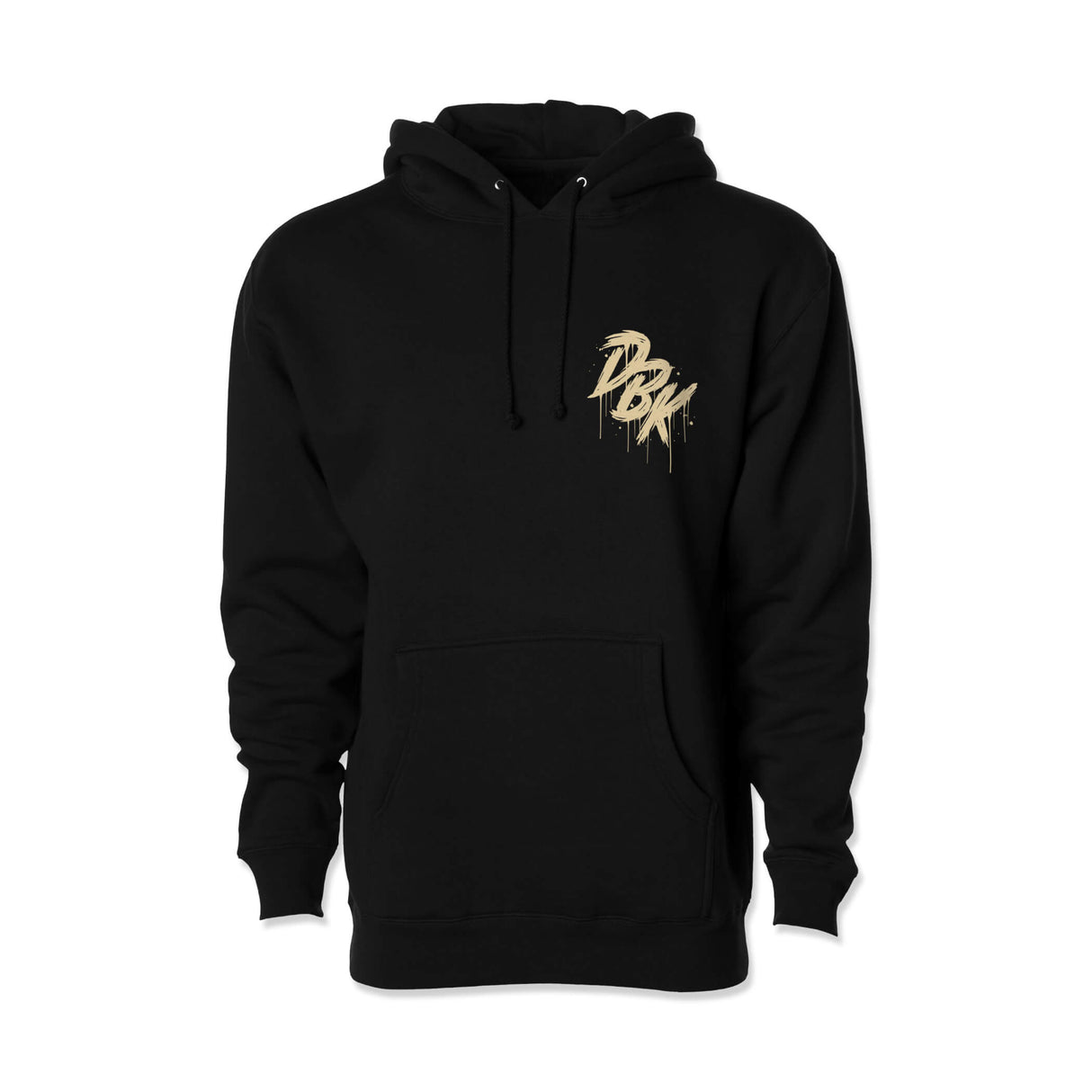 Black pullover hoodie with front pouch pocket, hood drawstrings, and small gold logo