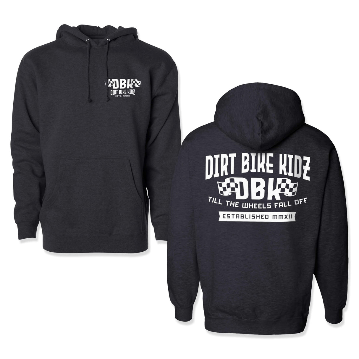 Kids dark hoodie with hood and drawstrings, front pocket, small chest logo graphic