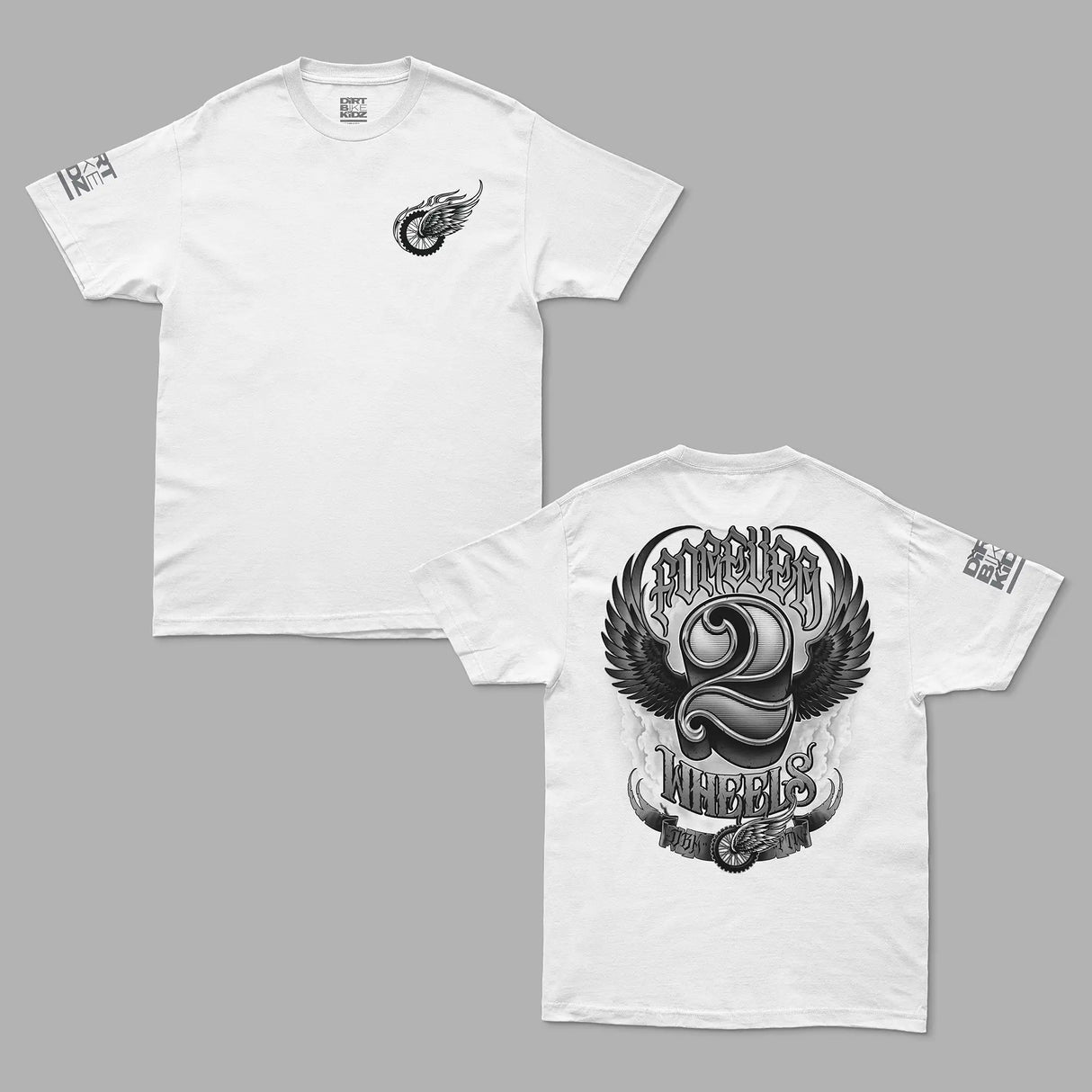 White crew-neck T-shirt with small winged emblem on left chest.