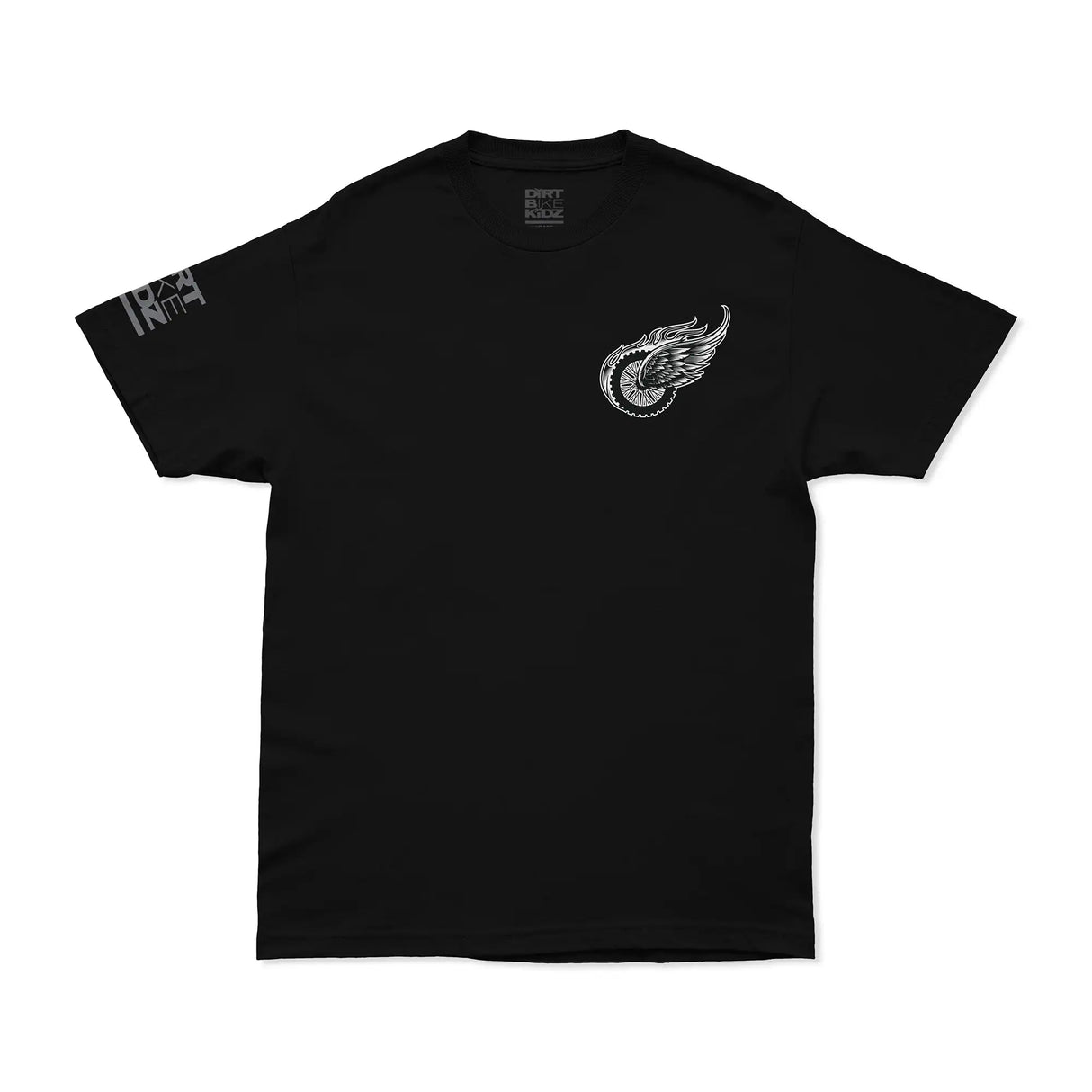 Black crew-neck T-shirt with small winged emblem on left chest.