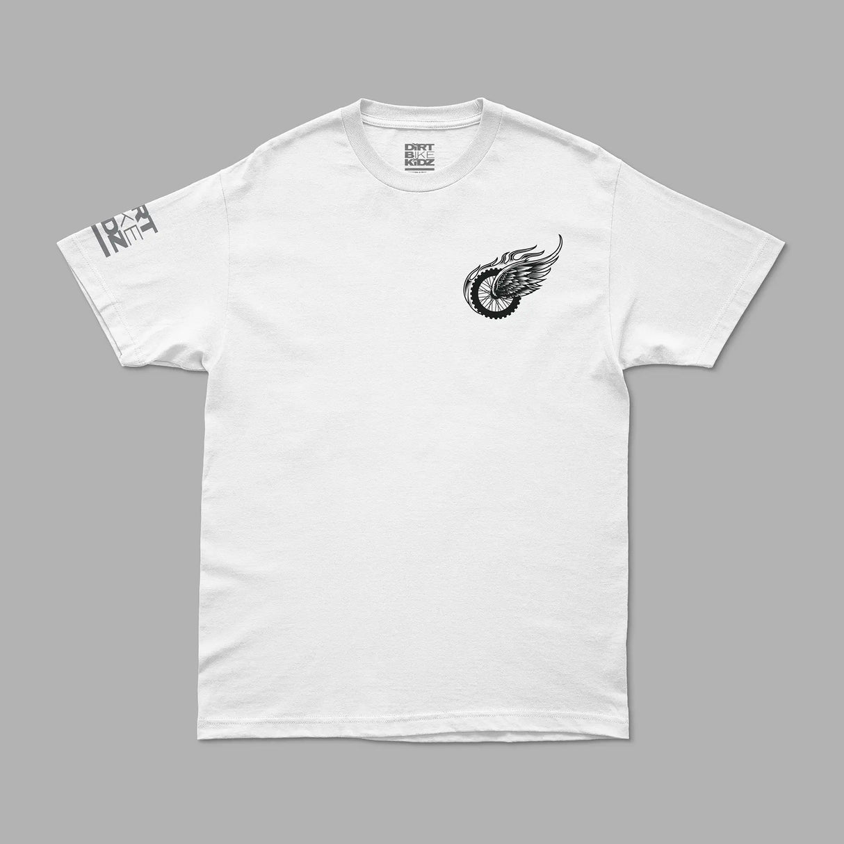 White crew-neck T-shirt with small winged emblem on left chest.