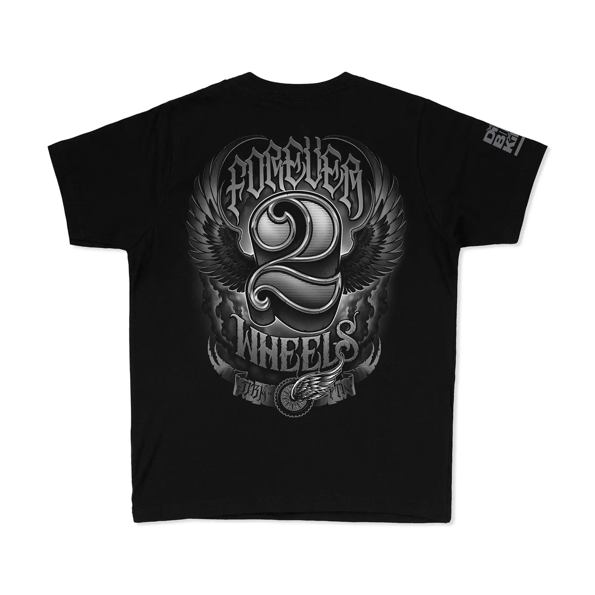 Youth premium T-shirt, black, back large 'Wheels' emblem with wings.