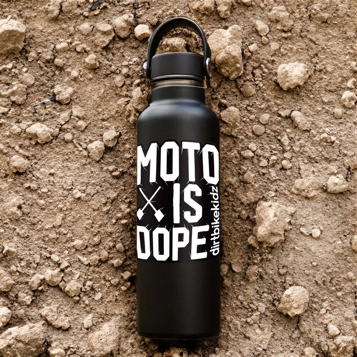 Black water bottle with 'MOTO IS DOPE' sticker graphic and vertical script text