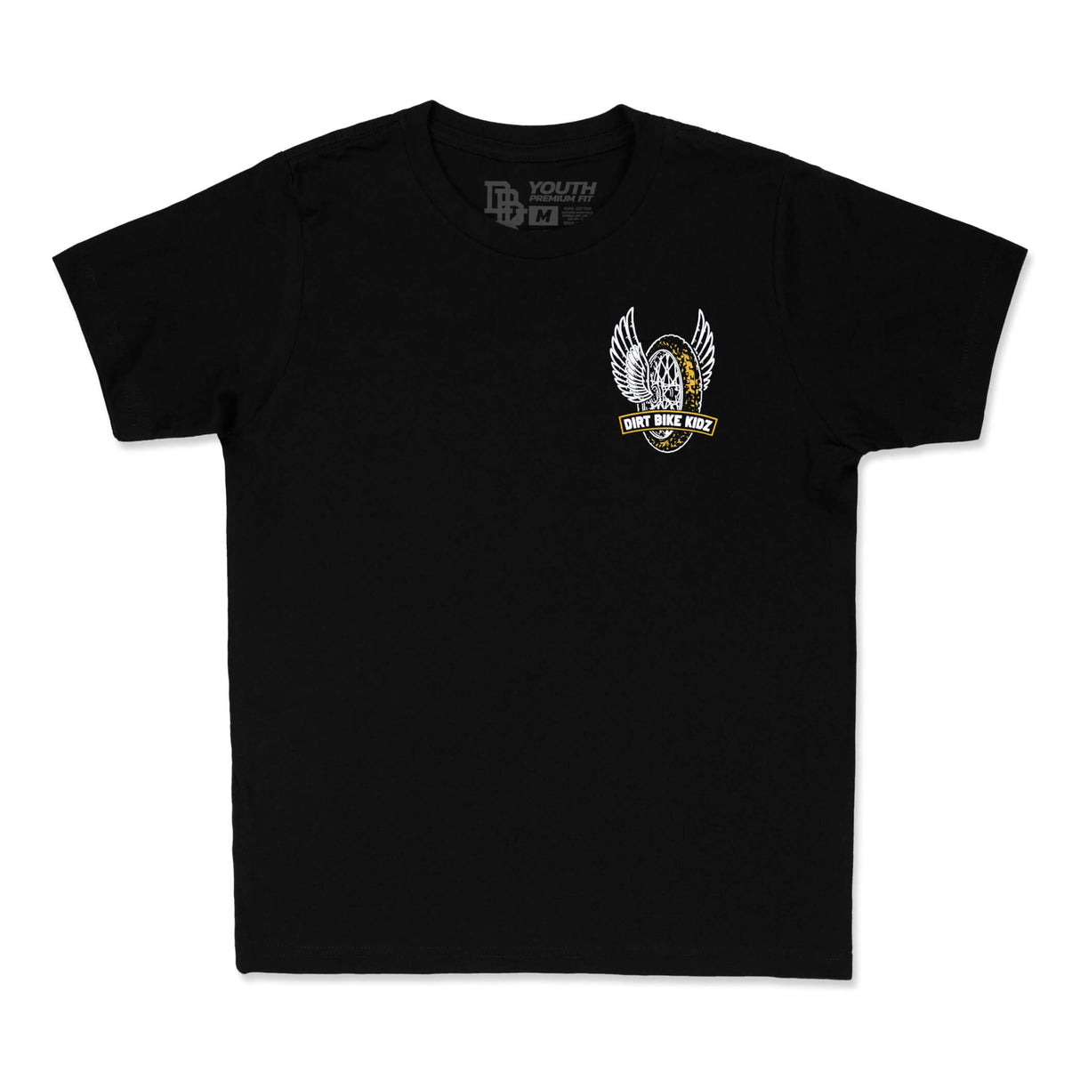 Youth premium black tee with small Dirt Bike Kidz logo on chest.
