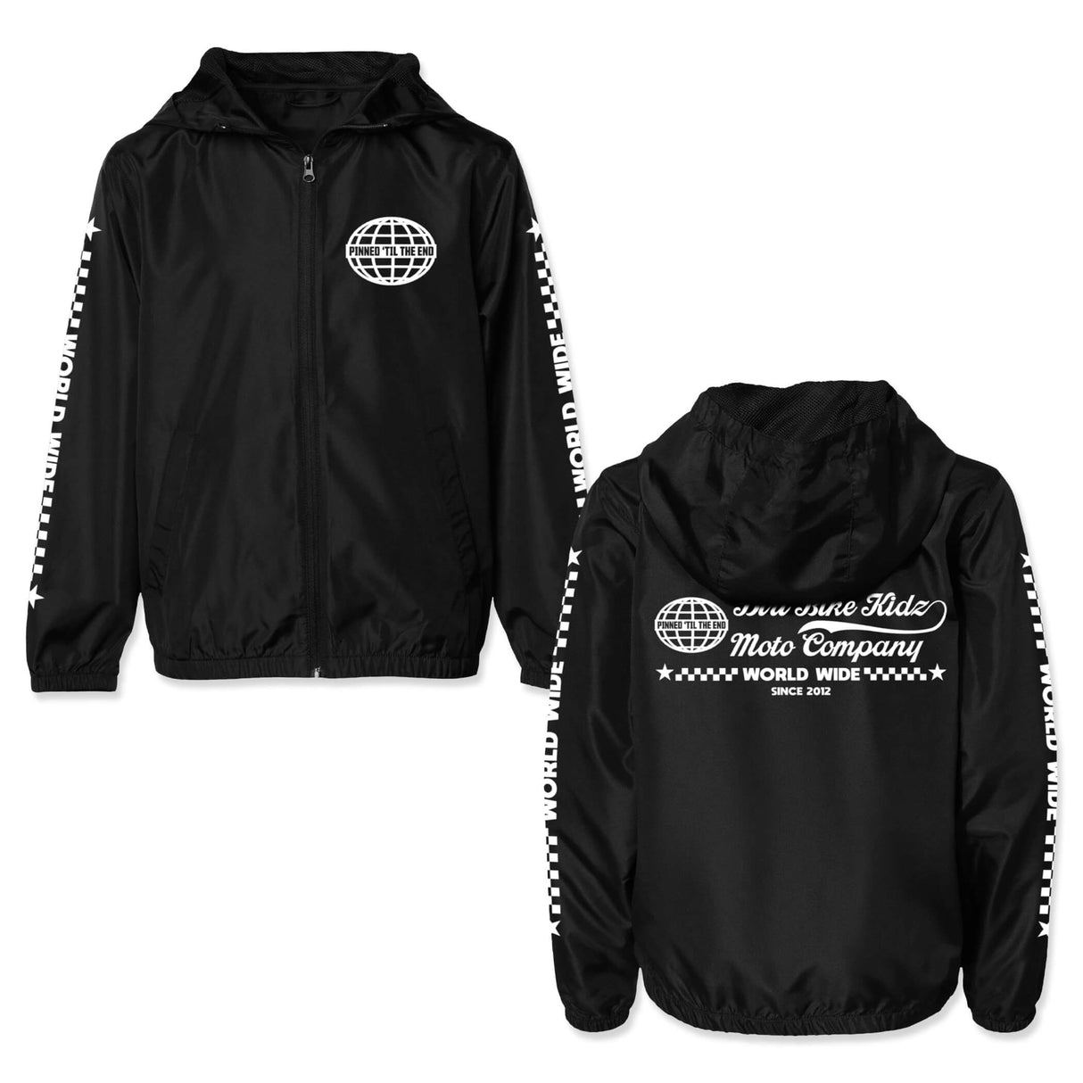 Youth windbreaker in black with full-zip front, stand collar, and globe logo on chest