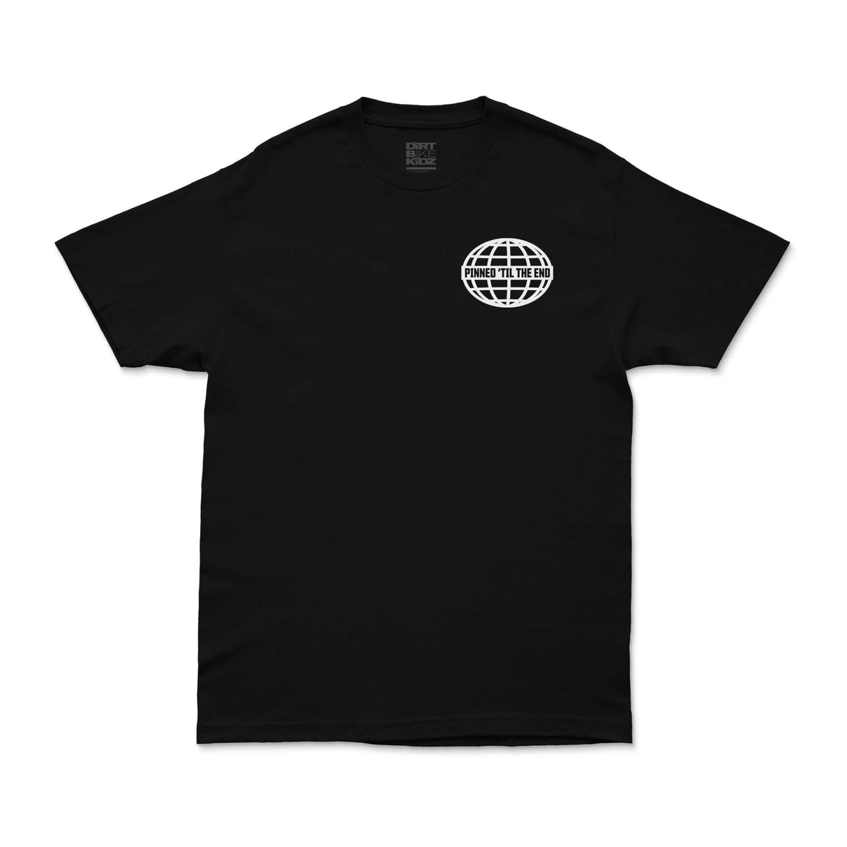 Black T-shirt with small white globe logo on left chest