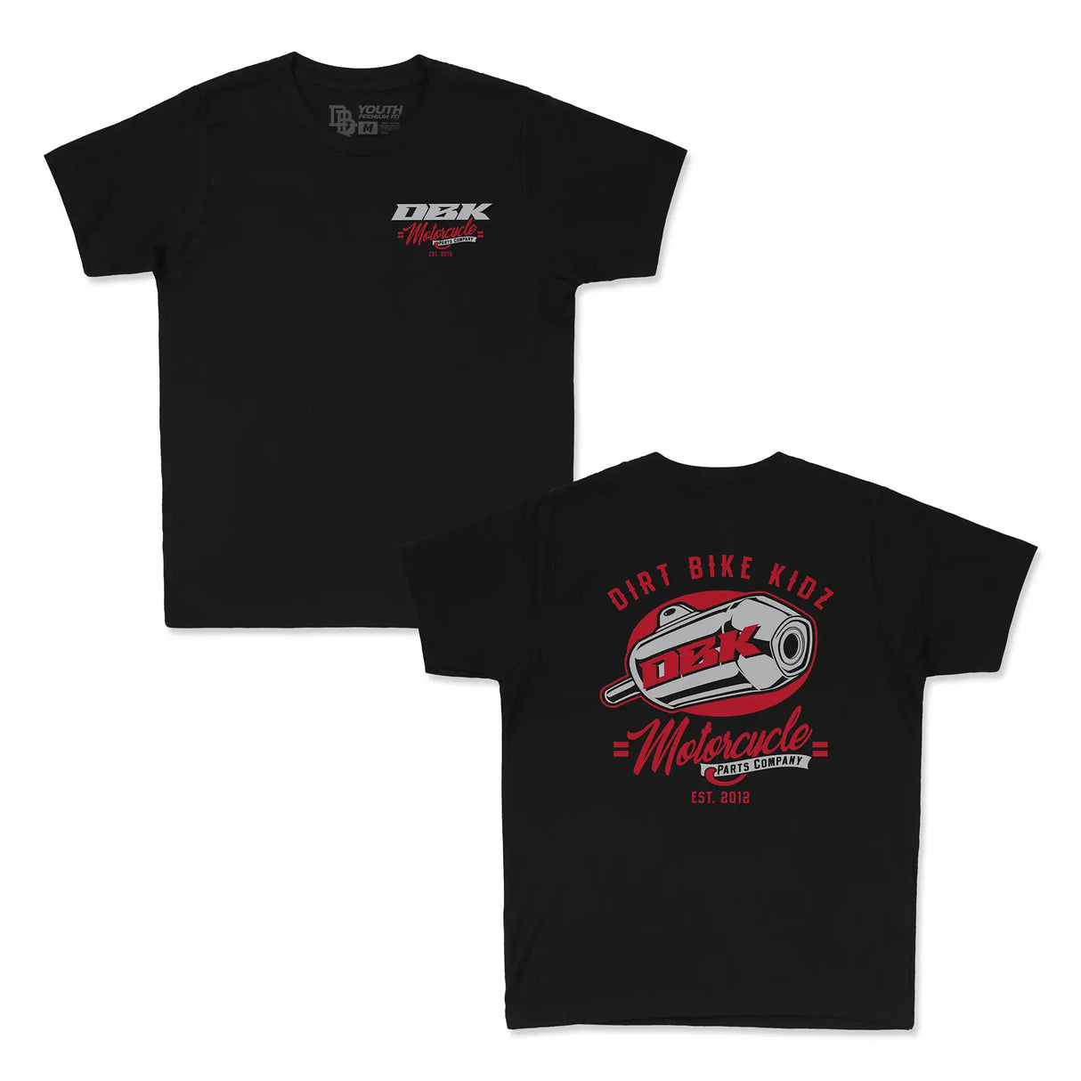 Youth premium T-shirts set: black front with small DBK Motorcycle logo and back circular DBK graphic