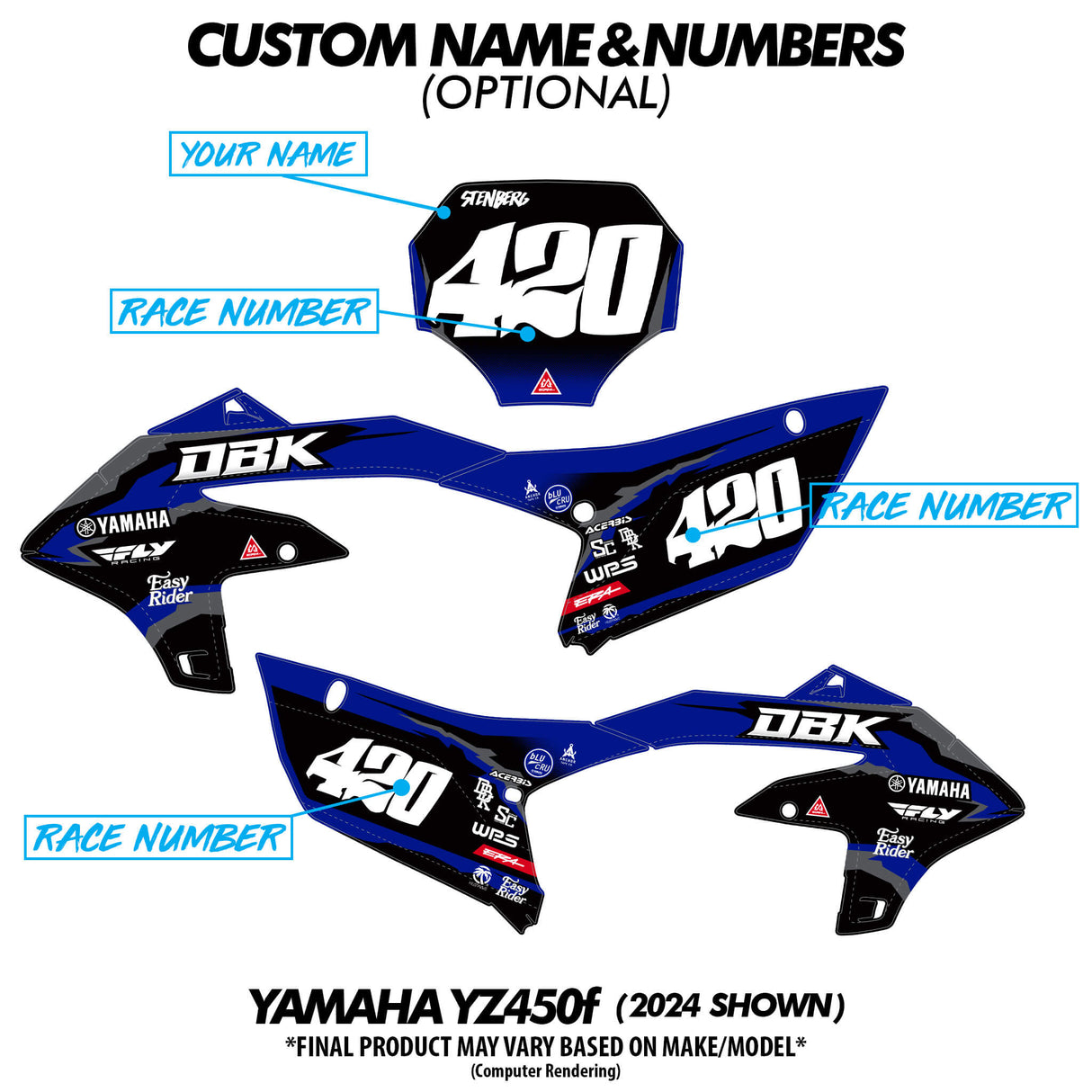 Blue and black side panel graphics with custom race number and name layout mockup