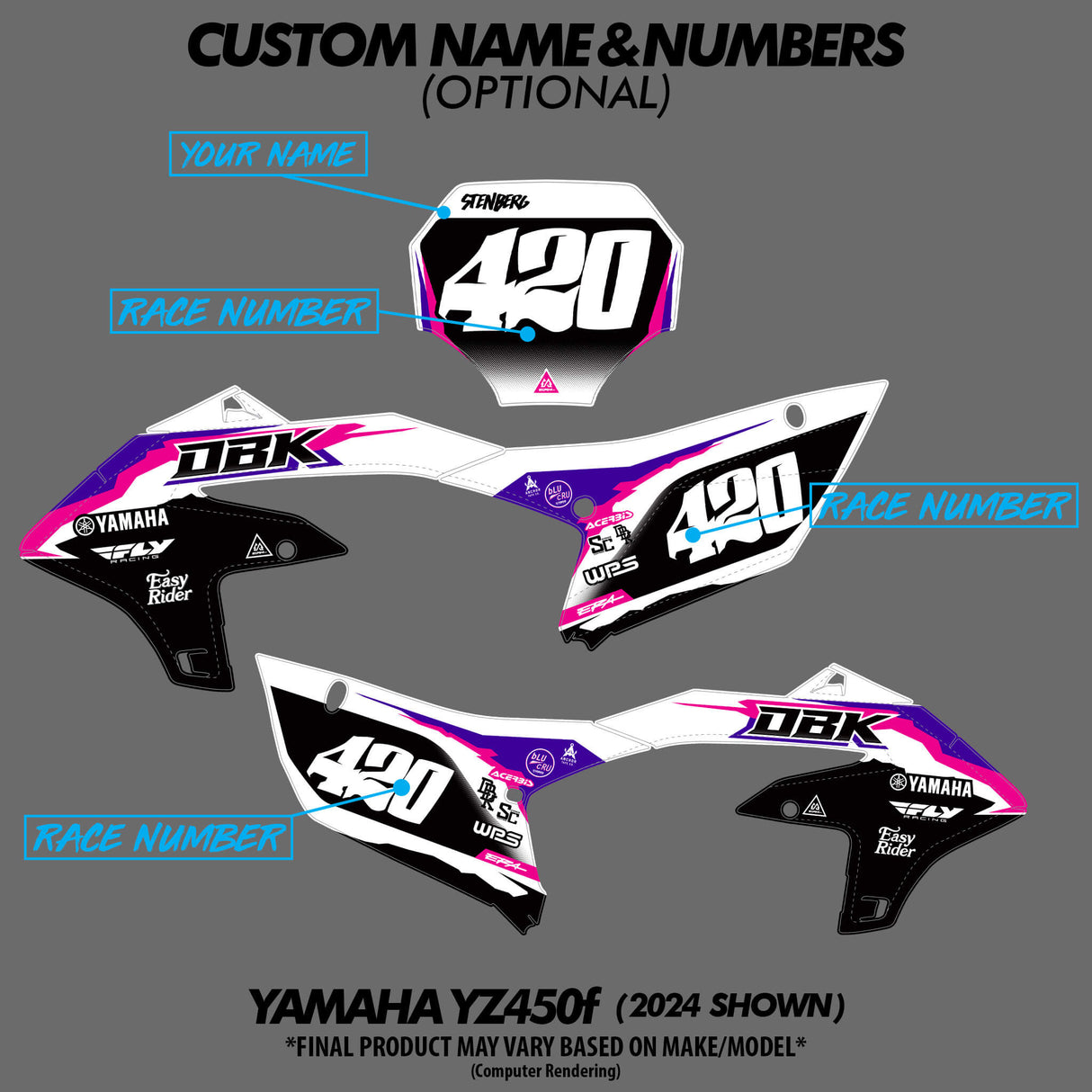 Dirt bike decal set layout with custom name and race number placement areas