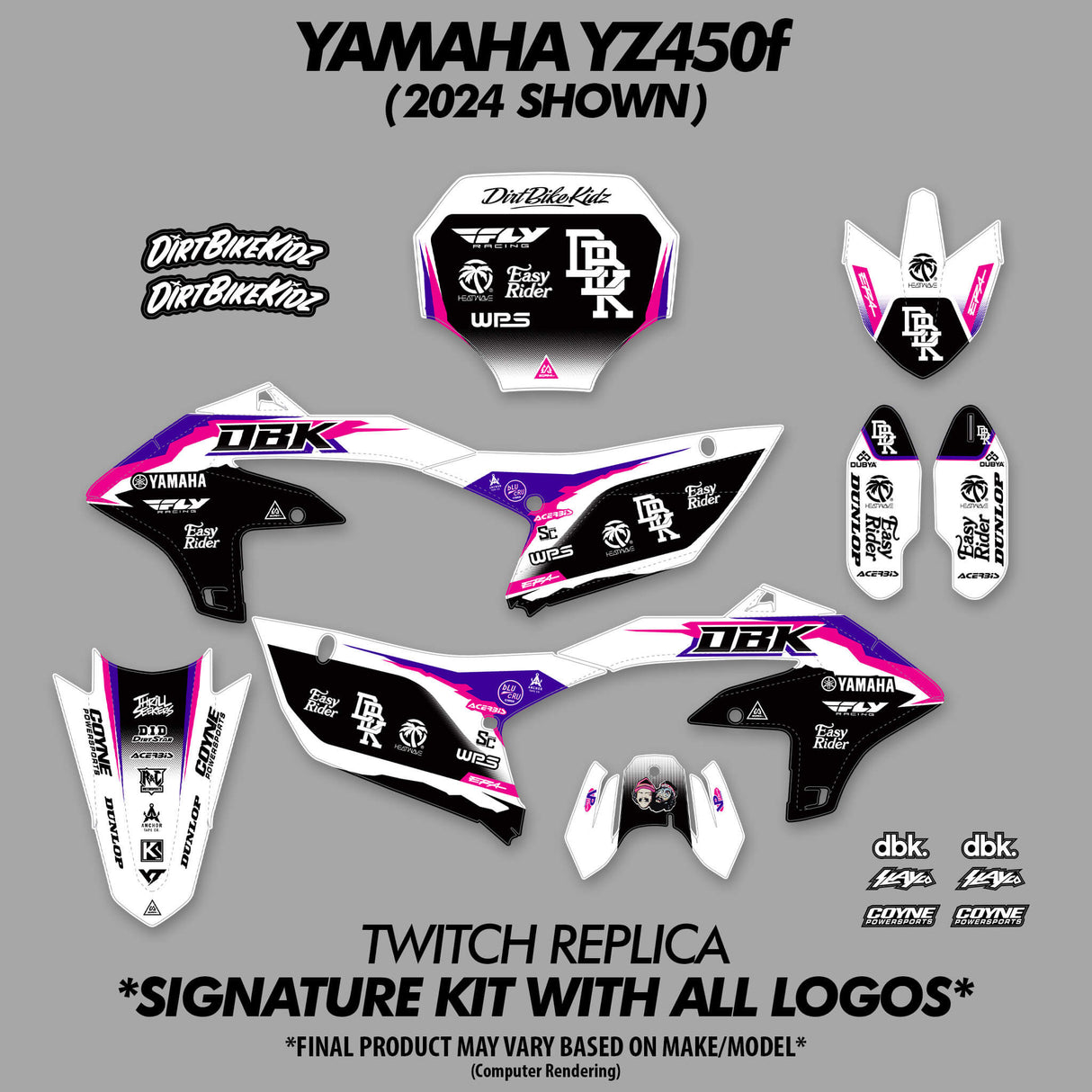 Dirt bike decal kit sheet with multiple purple, black, and white replacement panels