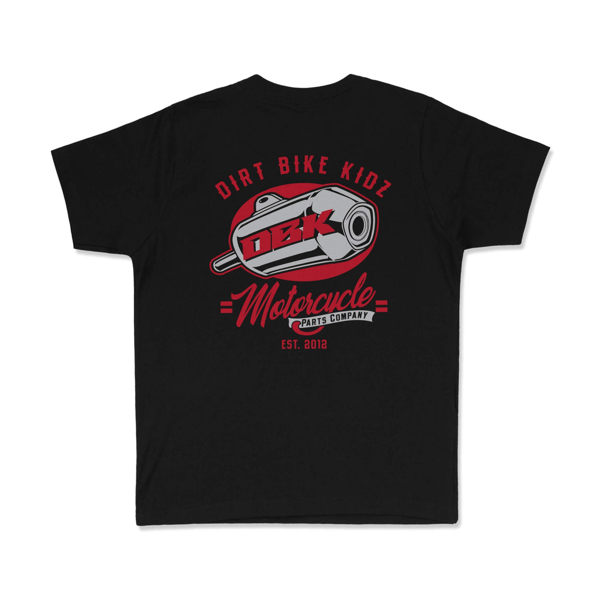 Youth black tee with Dirt Bike Kidz motorcycle and Motorcycle Parts Company graphic