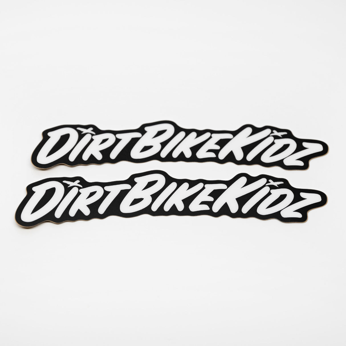 Pit bike fender stickers, two black-and-white "Dirt Bike" logo decals
