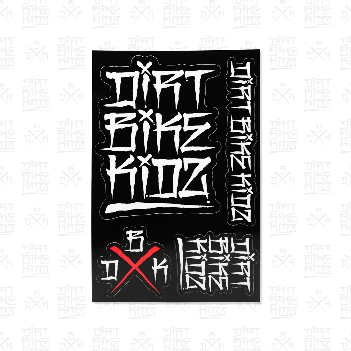 Sticker pack sheet: black with white graffiti lettering and red X