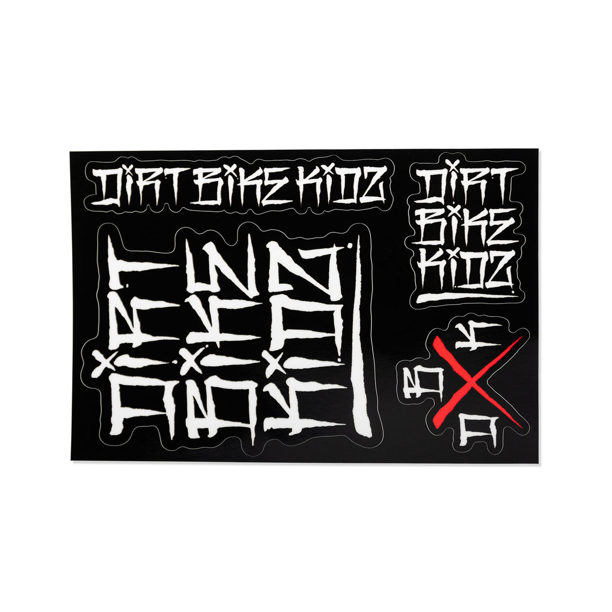 Sticker pack sheet with central graffiti letters, side text panels, and red X