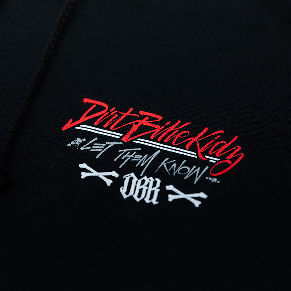 Black hoodie chest graphic print in red and white lettering