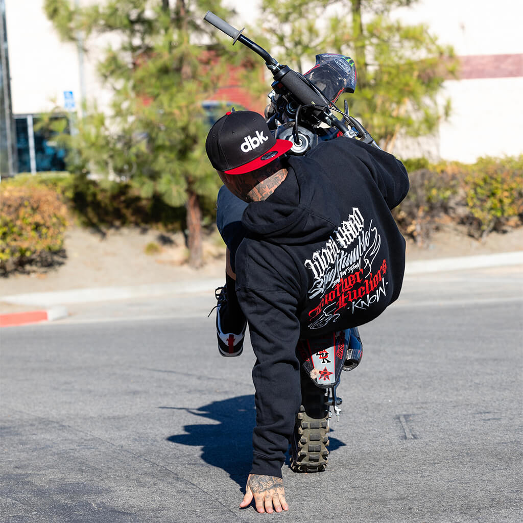 Black hoodie with hood up and front graphic logo