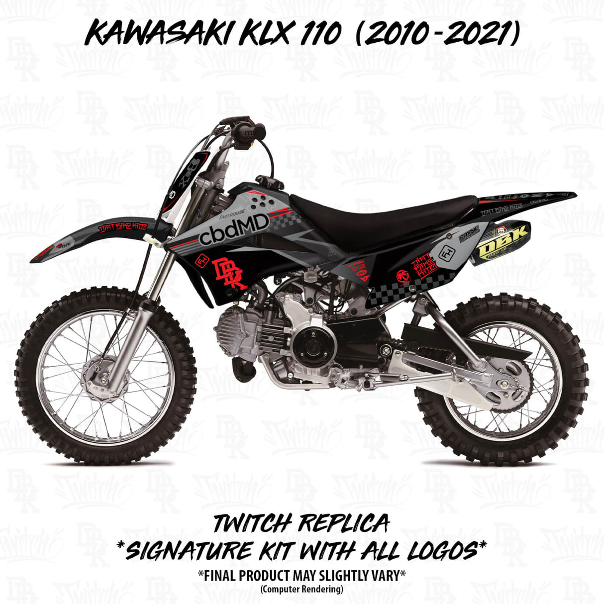 Motorcycle graphics kit on dirt bike with black fairings, gray details, and red decals