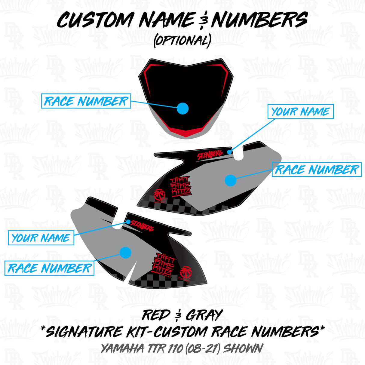 Custom motorcycle graphics name and number layout, black with gray and red option