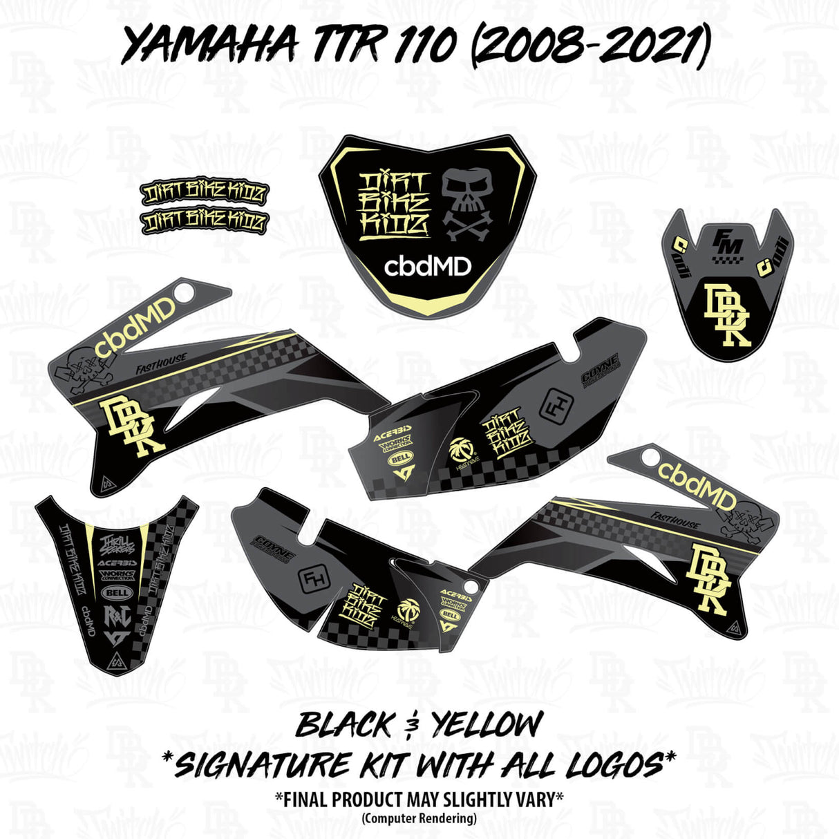 Motorcycle graphics decal set in black with yellow trim, multiple side panels