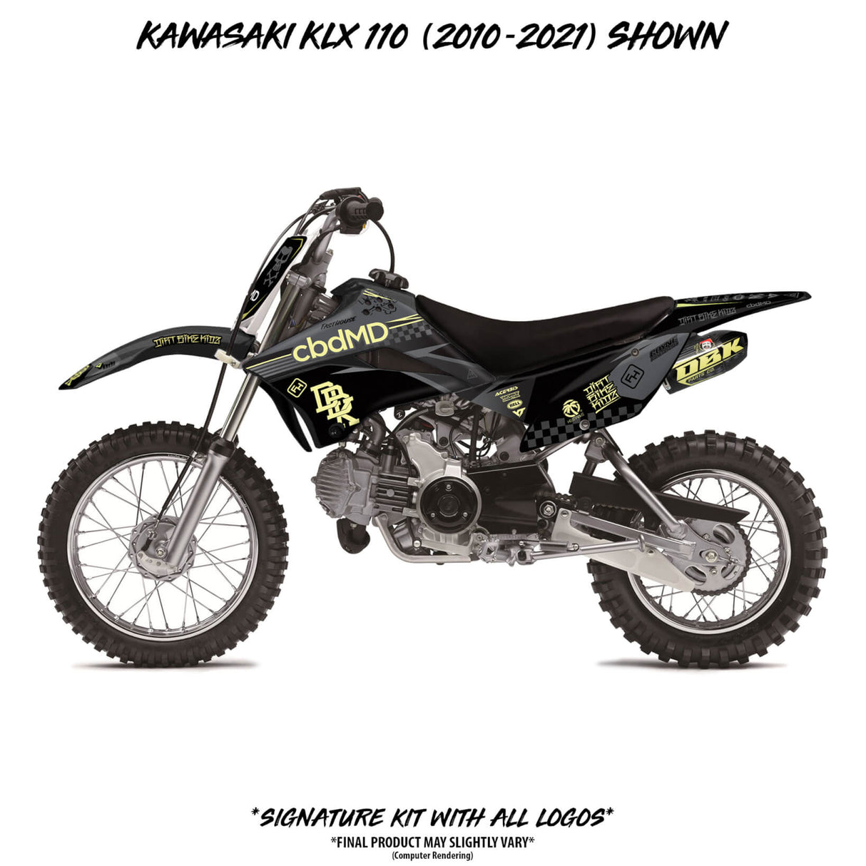 Kawasaki KLX 110 off-road bike with black and yellow faded side graphic panels