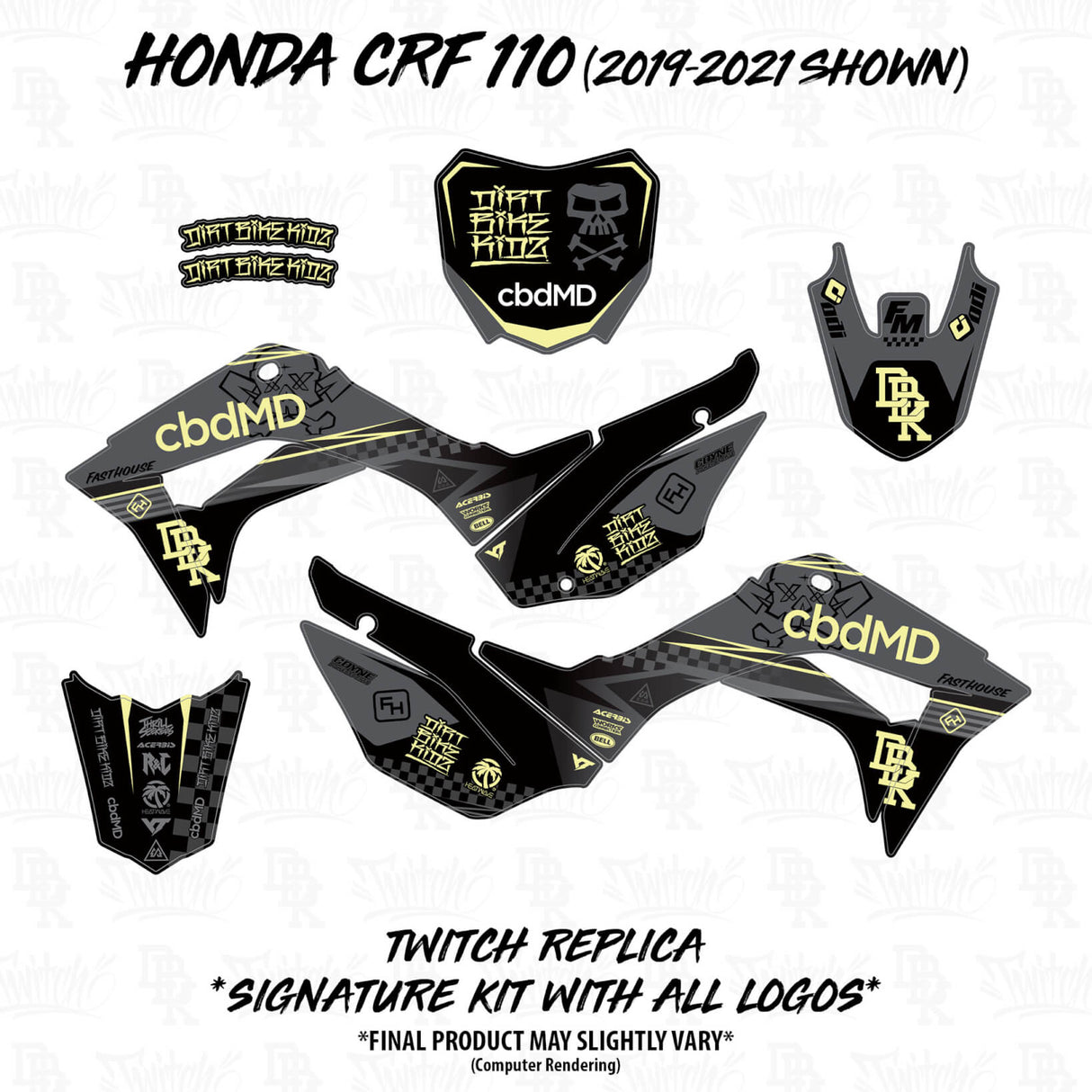 Honda CRF 110/50 graphics kit decals: black panels with yellow and green logos set