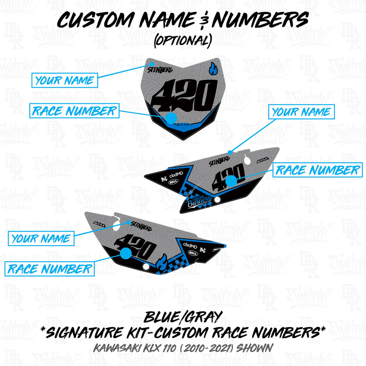Motorcycle number plate and graphics layout diagram for custom name and race numbers