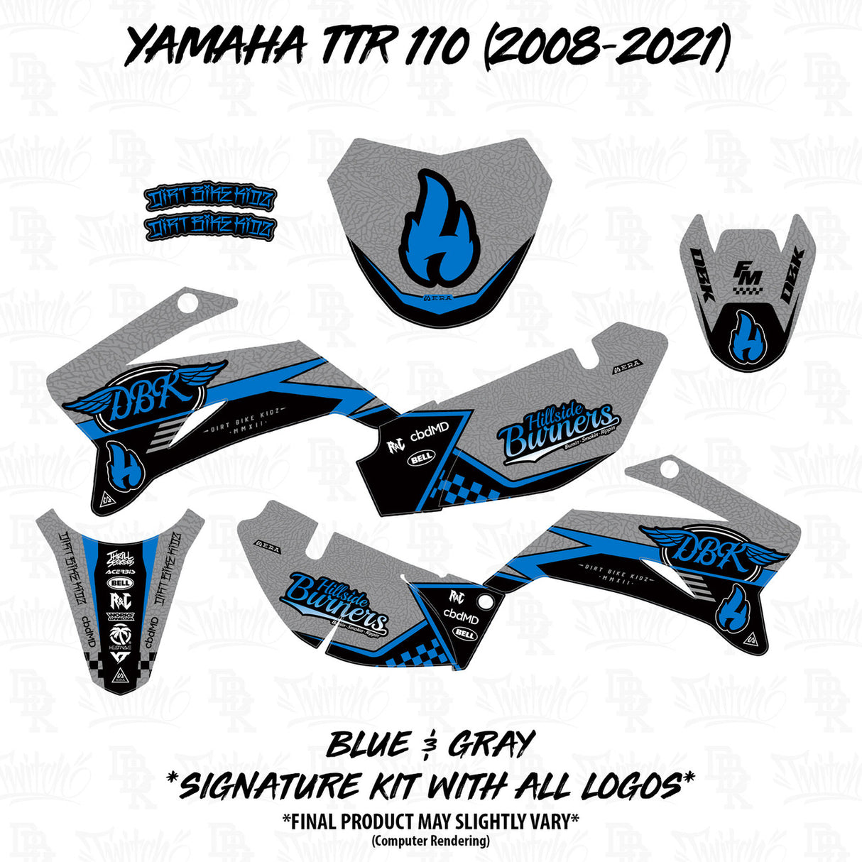 Hillside Burners decal set: blue flames and checkered graphics on gray panels
