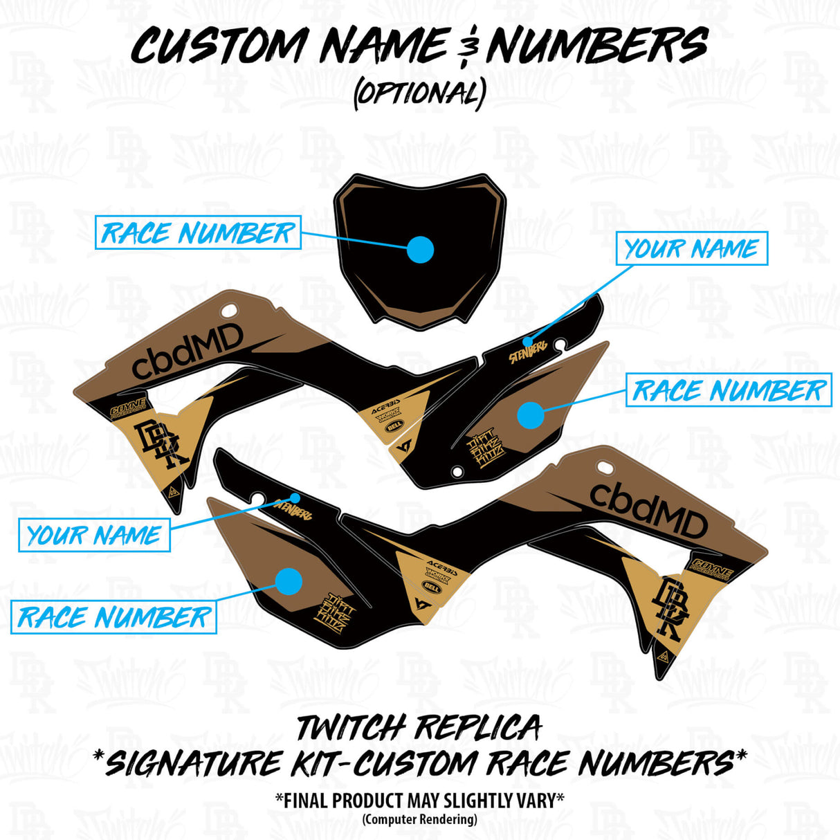 Honda CRF 110/50 Twitch Edition custom name and number decal layout, tan and black