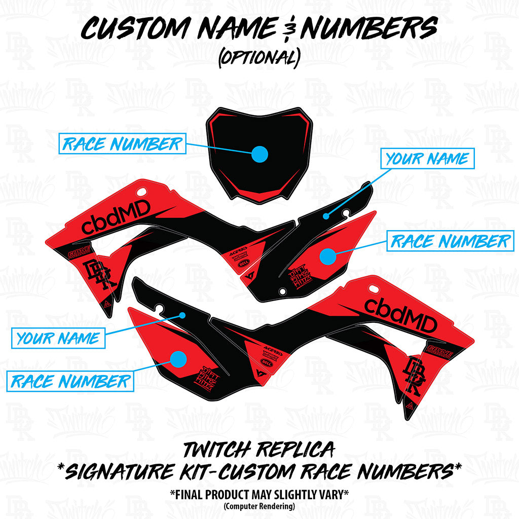 Honda CRF 110/50 Twitch Edition custom name and number decal layout, red and black