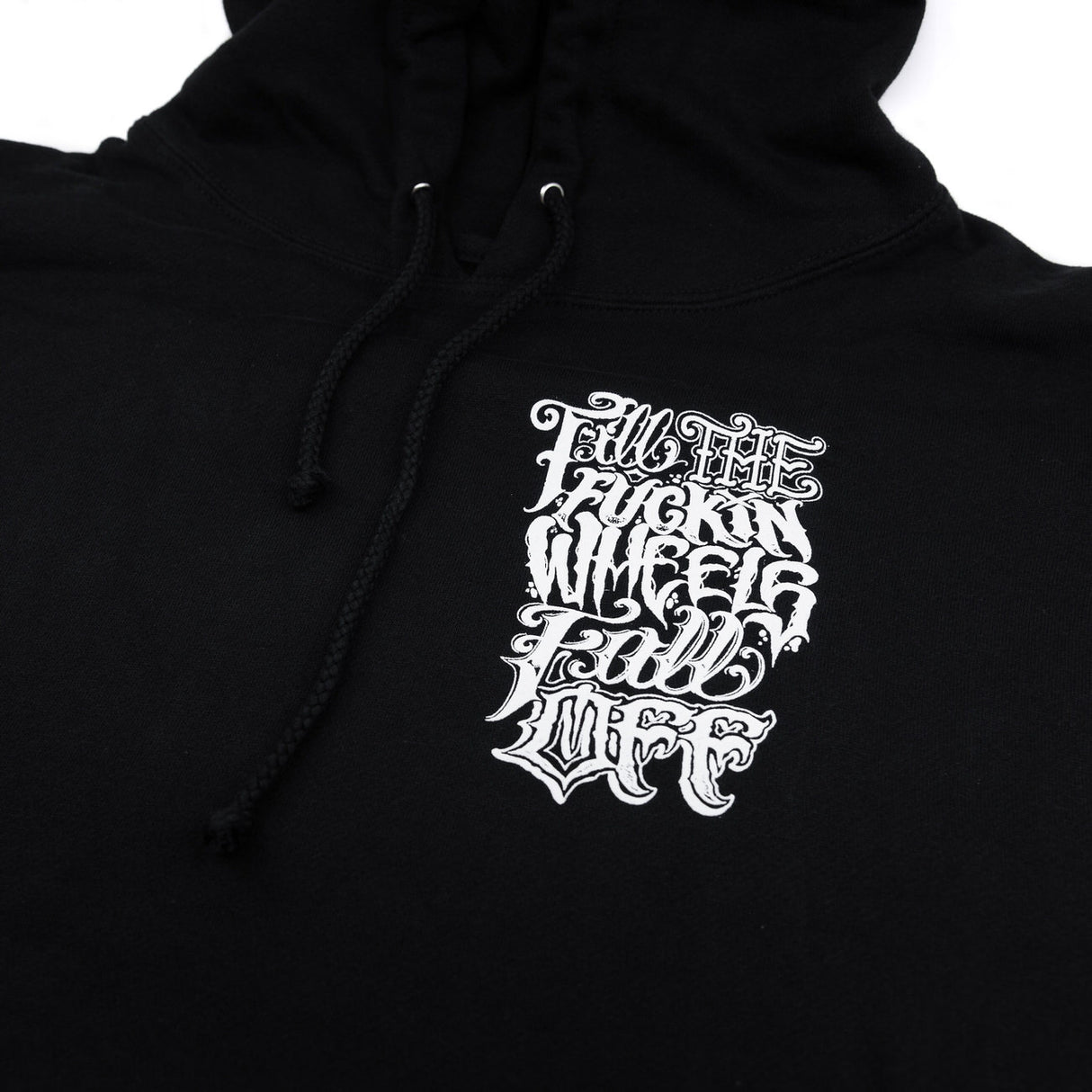 Black hoodie close-up of chest graphic print and drawstrings with metal eyelets.