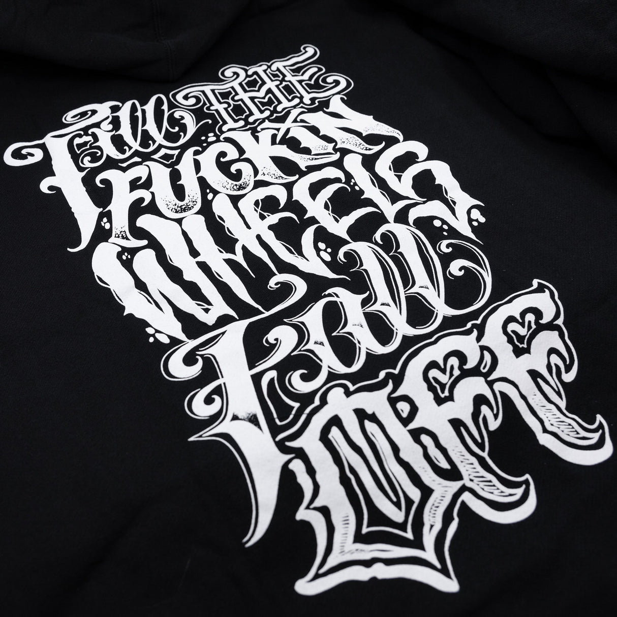 Black TTFWFO hoodie with large white distressed graphic print on front