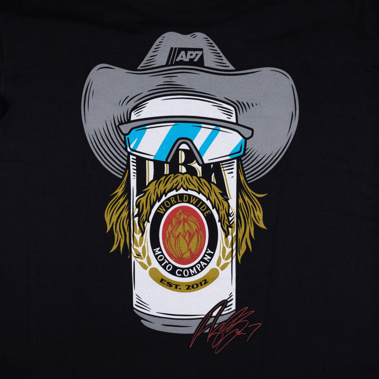 Black crewneck tee close-up of cowboy-hat face graphic with “WORLDWIDE”