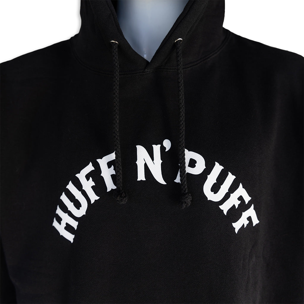 Black hoodie with hood and drawstrings, large white 'Huff N' Puff' chest print