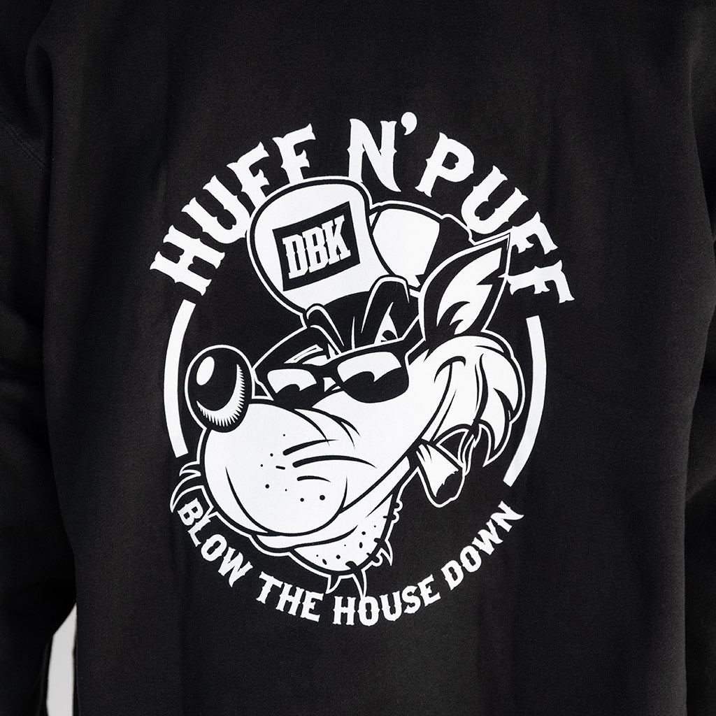 Black pullover hoodie with hood, white bulldog graphic and 'Blow the House Down' text