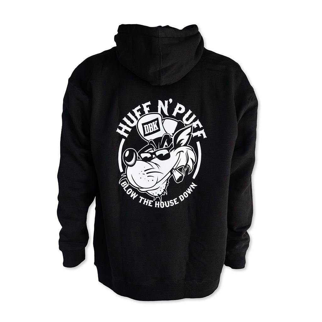 Black pullover hoodie with hood, bulldog back graphic and 'Blow the House Down' text
