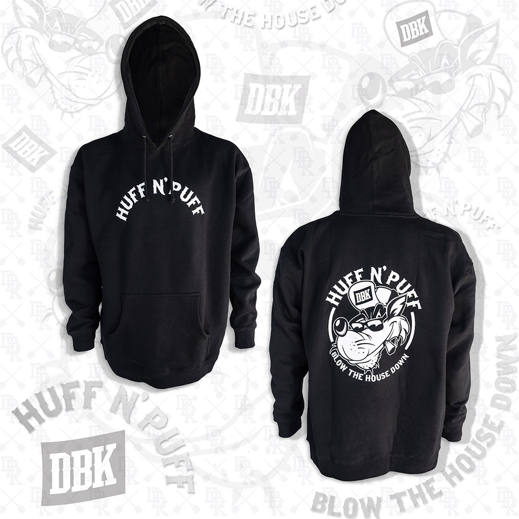 Black pullover hoodie with hood and kangaroo pocket, white 'Huff N' Puff' logo