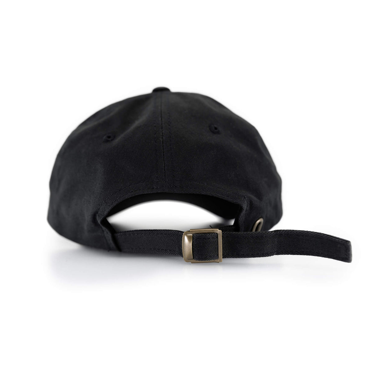 Black dad hat back view with adjustable strap and metal buckle