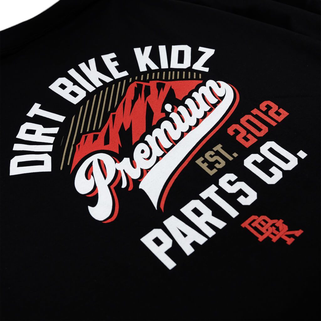 Black T-shirt close-up of Dirt Bike KIDZ Premium Parts Co. Est. 2012 back print
