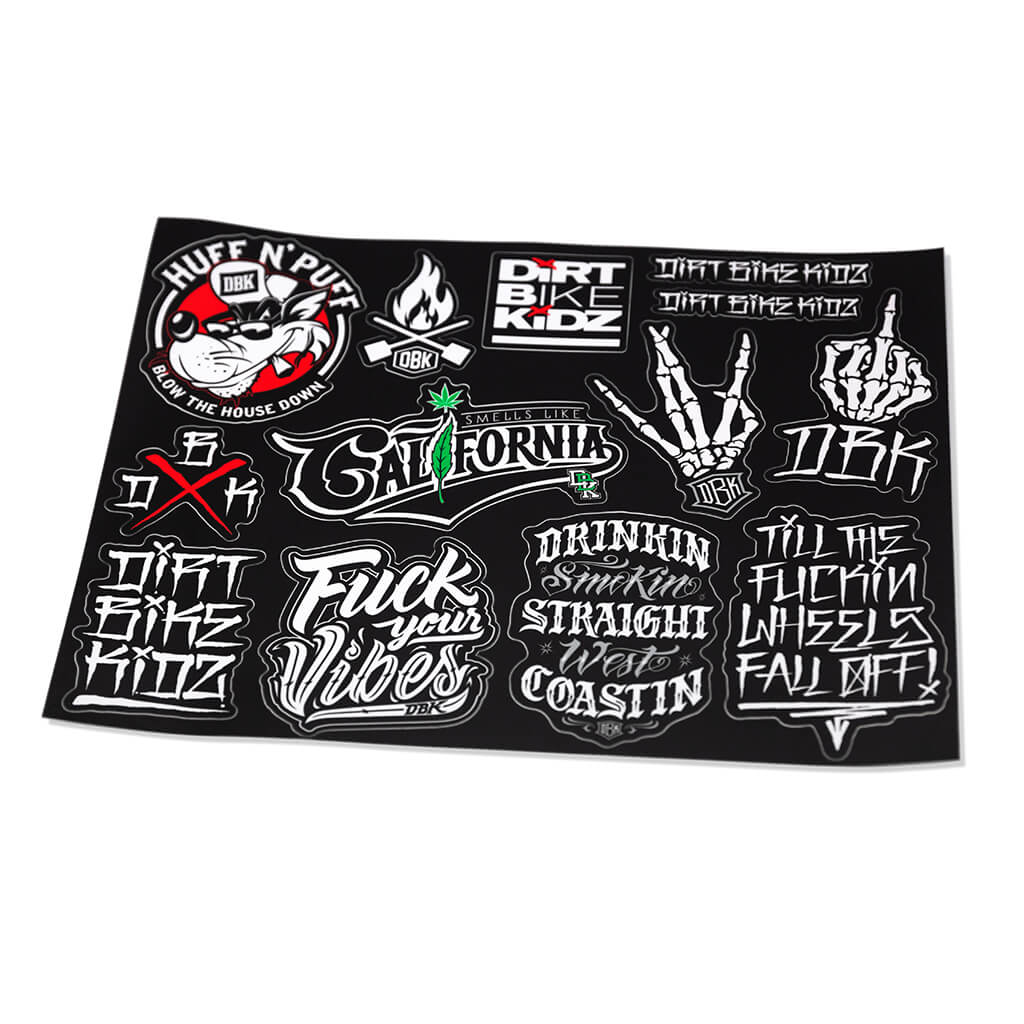 Bike-themed sticker sheet with black background and graffiti decals, tilted view