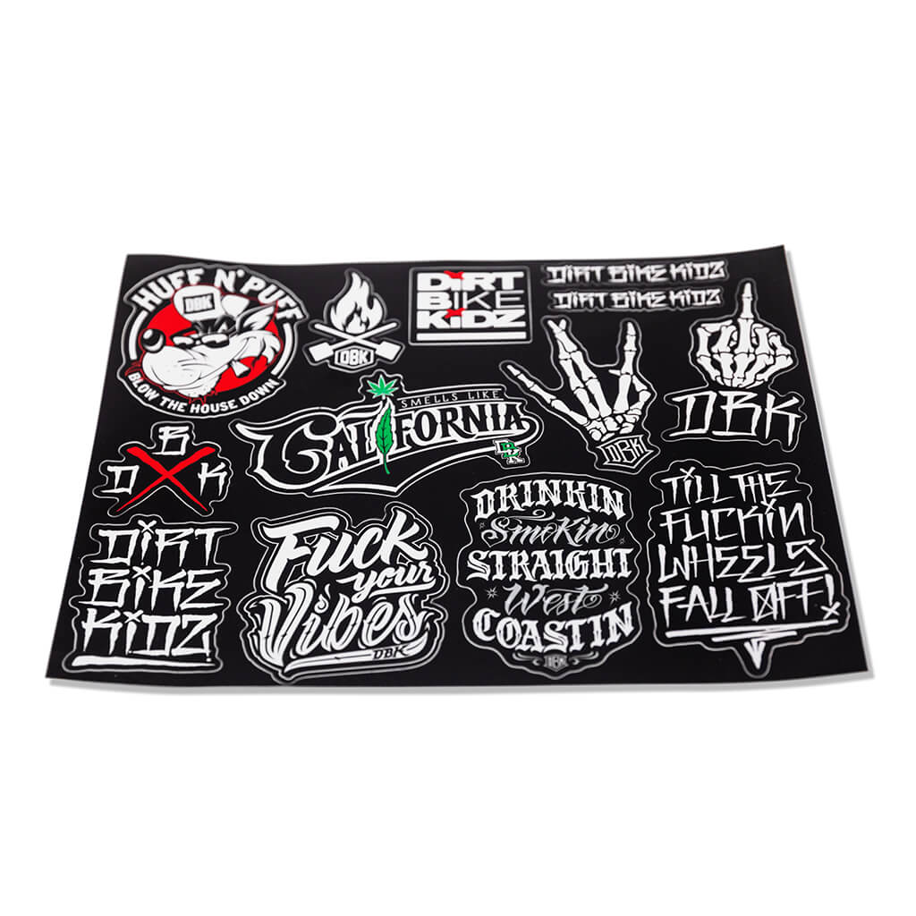 Bike-themed sticker sheet, black with graffiti decal letters and hand icons