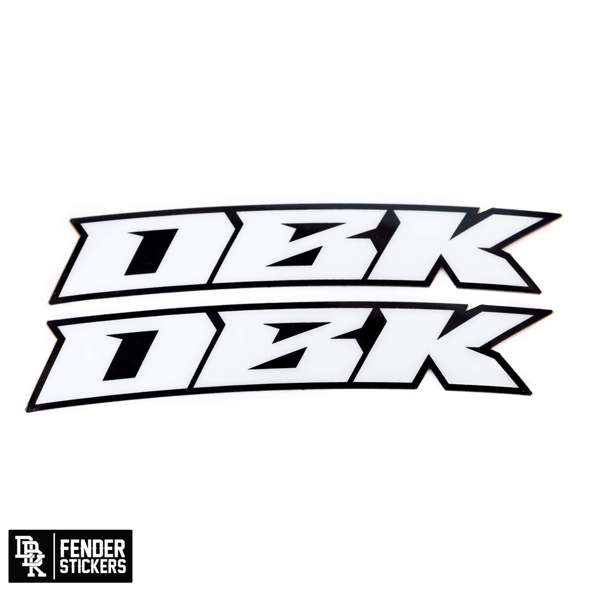 Fender-Sticker-Set: weiße Racer-Schriftgrafik, schwarz umrandet, 2 Aufkleber