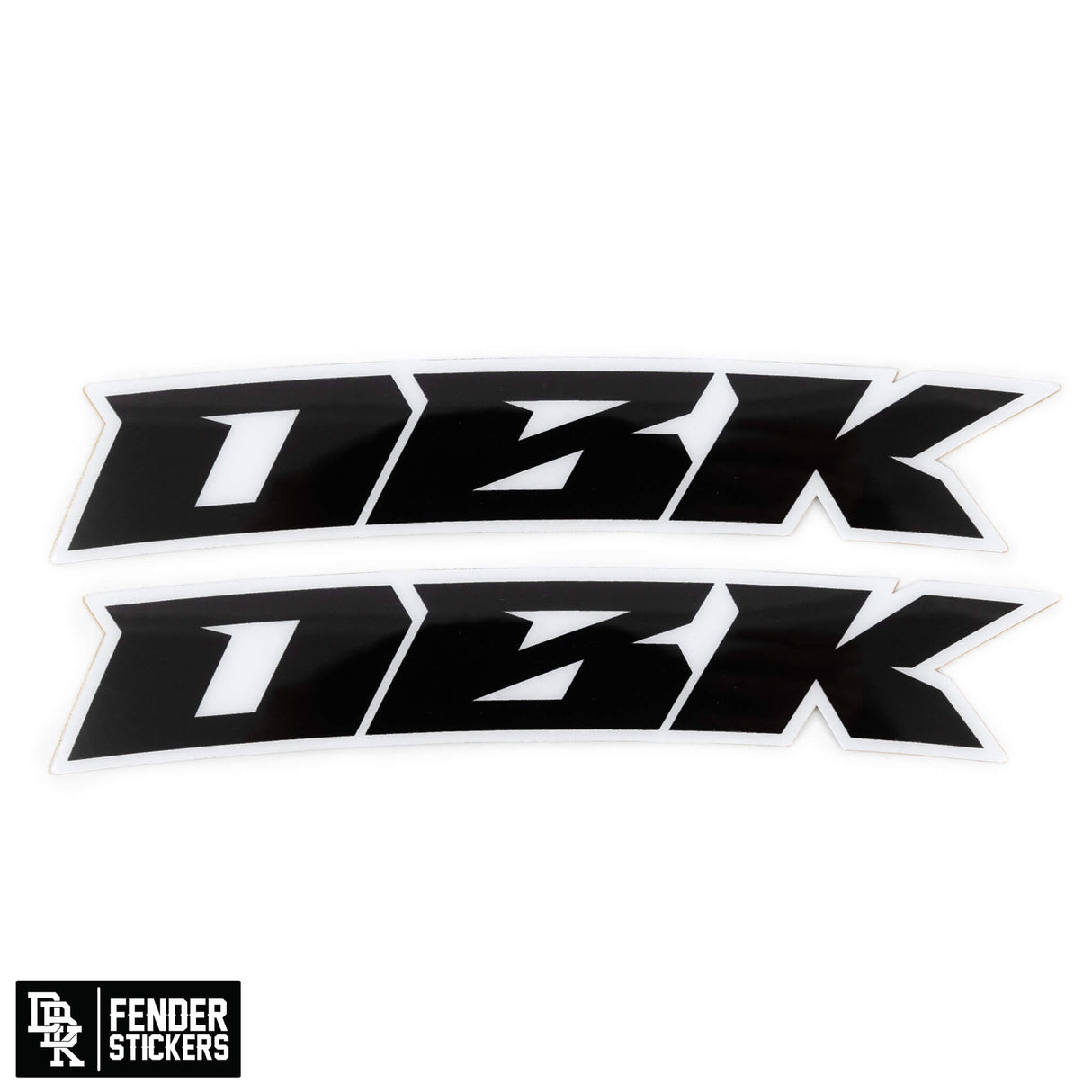 Racer black fender sticker set with bold black graphics and white outlines (2 decals)