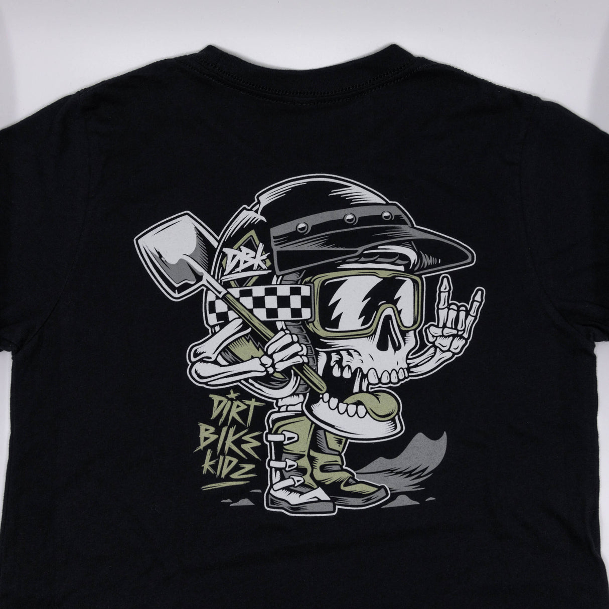 Youth black premium tee close-up of large back skull and helmet graphic