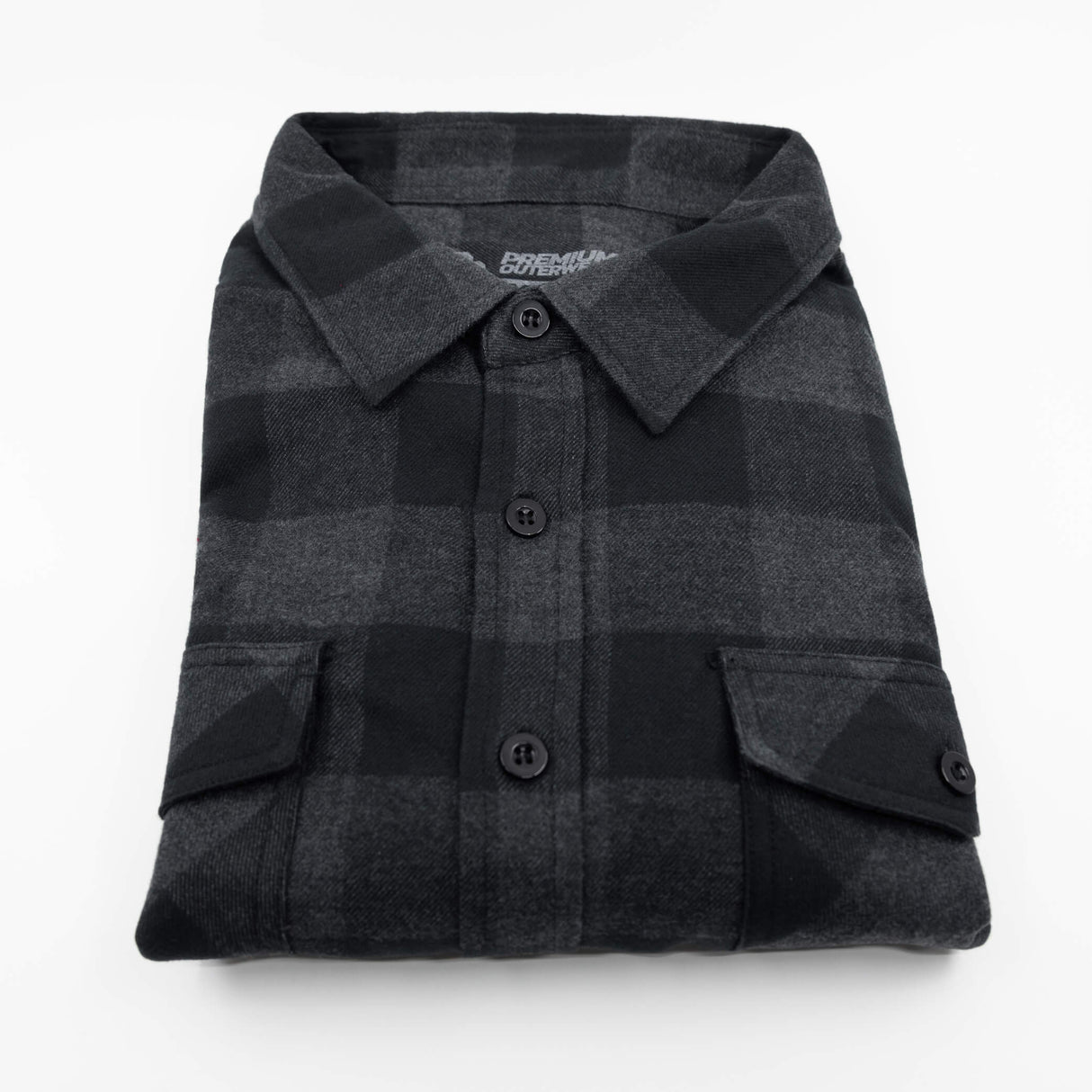 Charcoal plaid flannel button-up shirt with collar and chest flap pockets