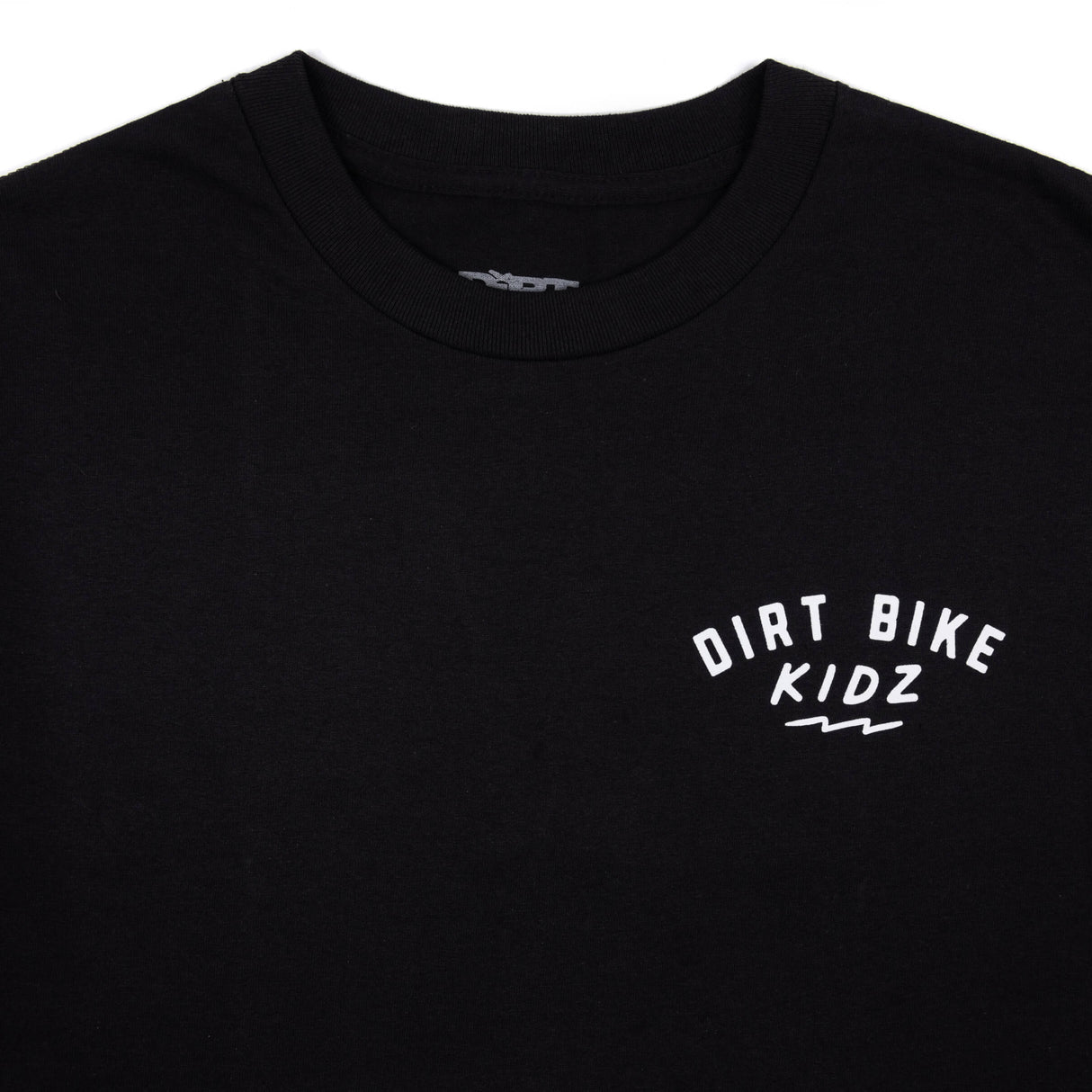 Black kids T-shirt with crew neck and small front chest “DIRT BIKE KIDZ” logo